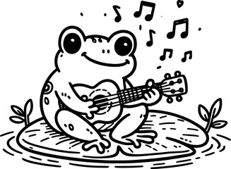 Frog Playing Ukulele. Coloring Book Page. Cartoon Illustration.
