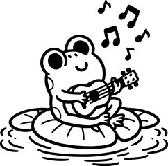 Frog Playing Ukulele. Coloring Book Page. Cartoon Illustration.