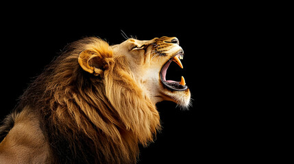 Majestic Lion with Golden Mane Roaring Fiercely Against A Black Backdrop