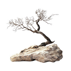 Fototapeta premium Miniature Bonsai Tree on Light Grey Rock, Isolated on Transparent Background