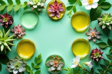 Serene Botanical Beauty  Aromatic Oils and Succulents Arranged on a Mint Background