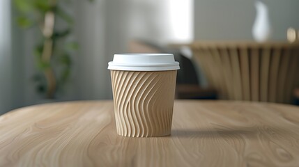 A mockup-ready cardboard coffee cup with a white lid, standing on a wooden table in a bright café setting, blurred background for depth, ideal for logo placement and product design visualization