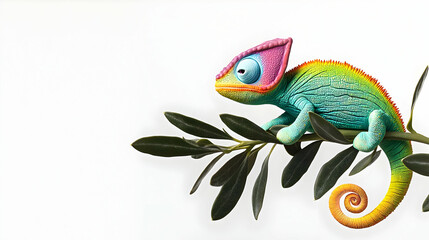 Pixelated Chameleon on Branch With White Background
