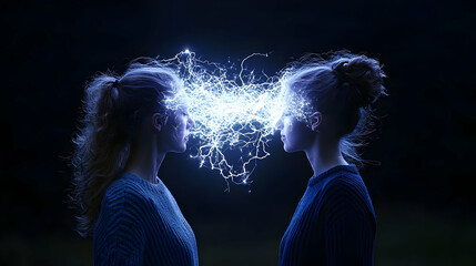 Two Female Silhouettes Face Each Other with Glowing Light Particles in Dark Background