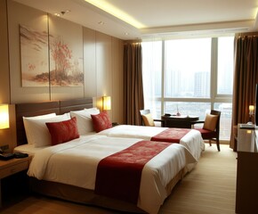 Modern hotel room with city view