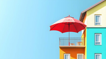 Pixelated Colorful Building With Red Umbrella Over Balcony and Dog on Blue Sky Background