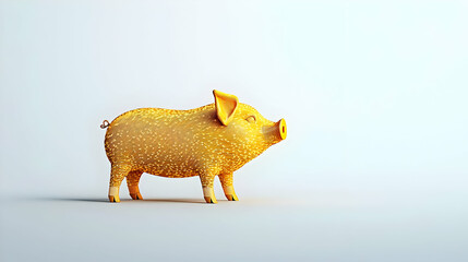 Golden Pig Figurine Standing on White Background