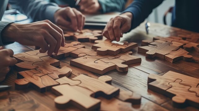 A business team gathered around a meeting table, working together to assemble a wooden jigsaw puzzle, symbolizing unity and cooperation.

 - Powered by Adobe