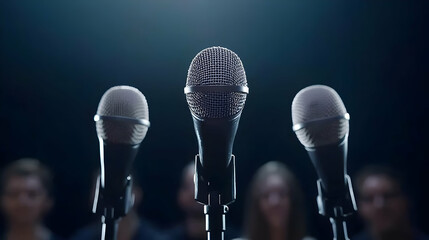Three Microphones on Stands Illuminated against Dark Background with Blurred Audience in Shadow