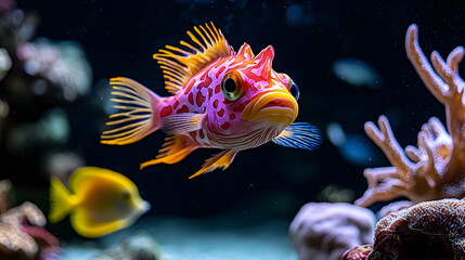 A Vibrant Orange Pink And Red Spotted Fish Swims Gracefully In A Dark Blue Aquarium With Coral Reef In The Background