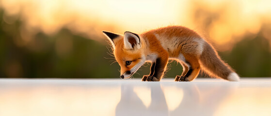 Curious Red Fox Kit Exploring White Surface During Golden Hour Sunset With Blurred Green Background