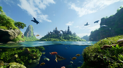 Pixelated Underwater Landscape With Sea Creatures And A Distant Castle Under Clear Blue Sky