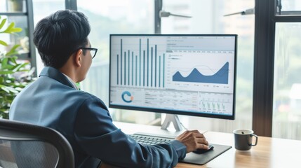A businessman using a computer with a virtual screen displaying a growth analysis graph.

