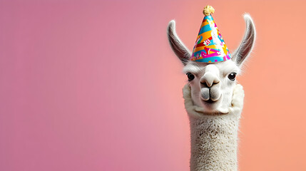 Llama Portrait in Party Hat with Colorful Gradient Background Animal Wearing Party Hat in Studio Shot Playful and Festive