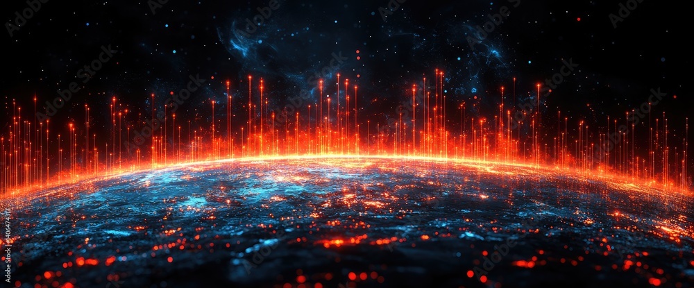 Canvas Prints digital planet illuminated with bright red lights against a dark, starry space background