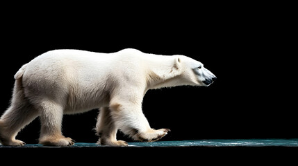 Majestic Polar Bear Walking Against A Black Background In A Studio Setting Showcasing Its Powerful Stride And White Fur