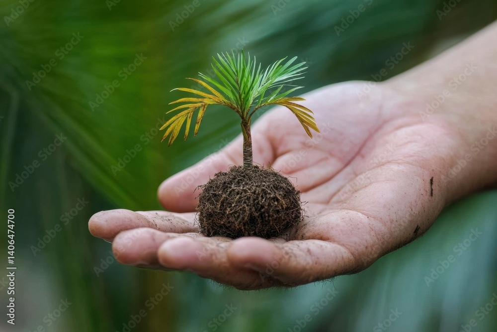 Poster tiny tree nurtured in open palm symbolizes care for nature and environmental protection in a lush se