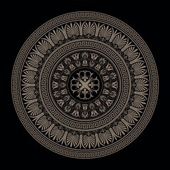 Vector golden black round classical Greek ornament. Greek meander. Patterns of Greece, ancient Rome. Circle european border. Typical egyptian, assyrian and greek motives. Circle, Arabesque, Byzantine