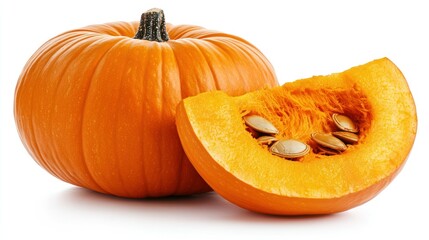 Fresh pumpkin, whole and sliced, displaying seeds