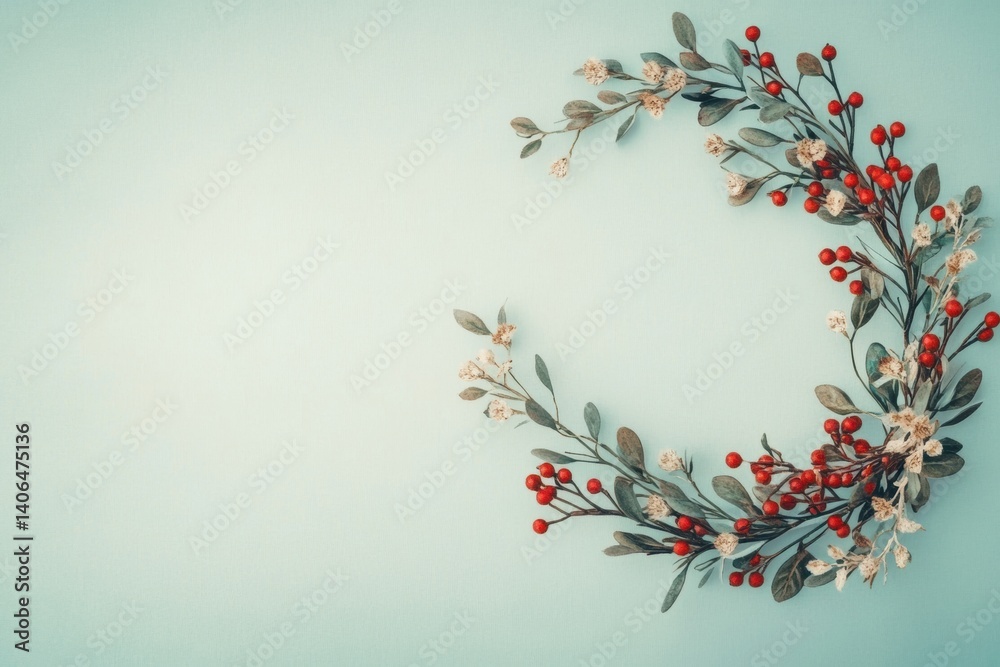 Aufkleber Wreath of tiny flowers and berries on soft textured background in Lapki illustration style for spring decorations and celebrations