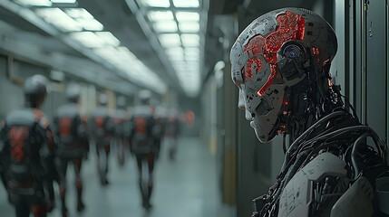 Futuristic Cyborg In A Corridor With Other Robots In Uniforms Dark Background And Low Lighting