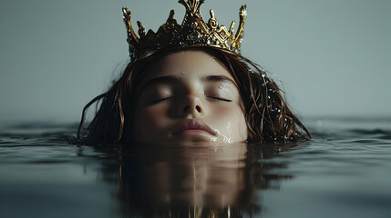 Serene Portrait of Young Girl With Golden Crown Submerged in Dark Moody Water with Eyes Closed