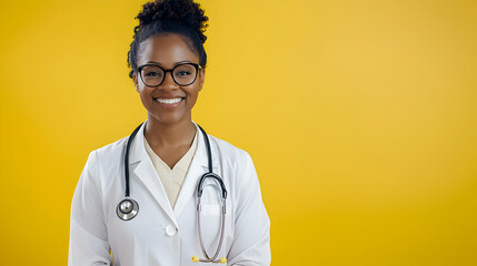 Portrait Of A Smiling Black Female Doctor With Stethoscope Against Bright Yellow Background In A Studio Setting With Eyeglasses And A Lab Coat