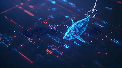Digital representation of a pixelated fish on a hook over a circuit board network with red and blue color scheme