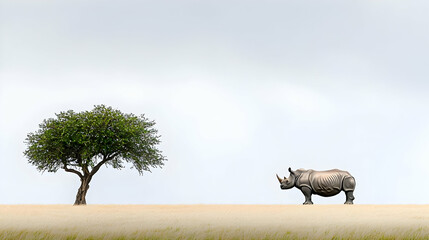A Solitary Rhinoceros Stands Majestically in a Vast African Savanna Grassland Under a Pale Sky Beside a Lone Green Tree