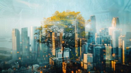 Obraz na płótnie Canvas A double exposure image representing business profit growth.