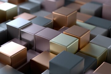 Fototapeta premium A focused view of metallic cubes with varying colors and heights creating a geometric pattern design