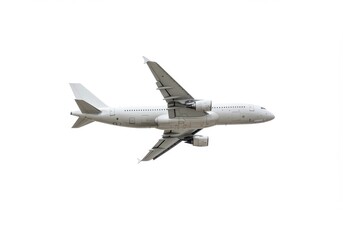An airplane flying in the sky with a white background in a high angle view on a bright day