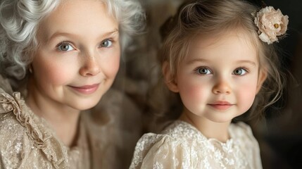 A touching portrait of a grandmother and granddaughter, showcasing their joyful expressions and delicate, matching attire.