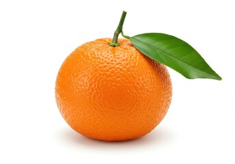 A single orange with a green stem and leaf on a white background in a studio shot close up view
