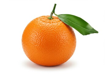 A single orange with a stem and a leaf is displayed on a white background in a studio shot