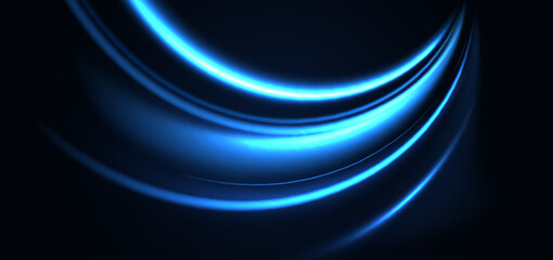 Modern blue glowing curved rays with copy space for text.