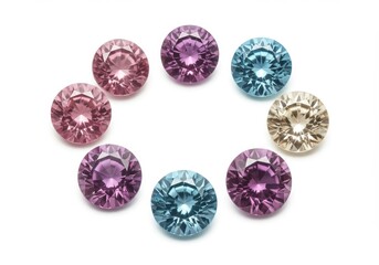 Assorted round cut gemstones in pink purple blue and champagne color arranged in a circle on white