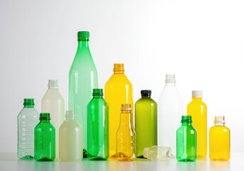 Assorted plastic bottles in various colors and sizes arranged on a plain white surface in a studio shot