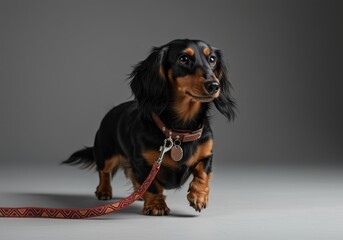 A stylish long-haired Dachshund walking confidently with a patterned leash in a gray studio setting.