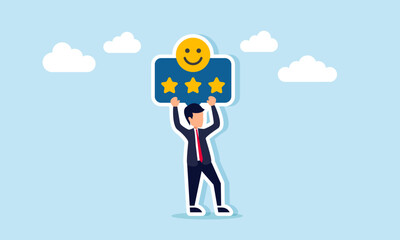 Businessman holding up a board with a happy emoticon and three stars, illustration of good customer satisfaction level