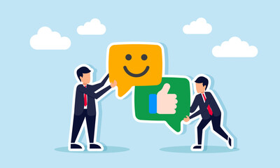 Obraz premium Businessman holding a chat dialog with a thumbs up, while another holds a chat dialog with a smile, illustration of positive response to business performance