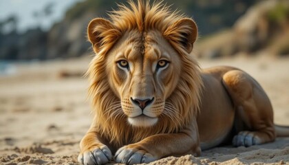 Obraz premium Majestic Lion Reclining on Sandy Beach, Intense Gaze