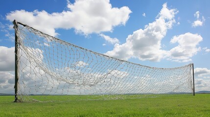 Empty soccer goal net stretches across a grassy field.