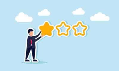 Businessman placing and filling stars on a star-shaped line form with three stars in a row, illustration of one-star or poor rating