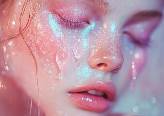 Fototapeta premium Iridescent Tears: A Surreal and Dreamlike Portrait of Vulnerable Beauty