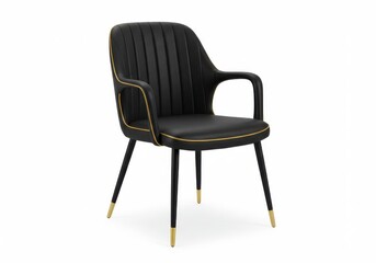 A black leather chair with gold trim and black legs on a white background in a studio setting
