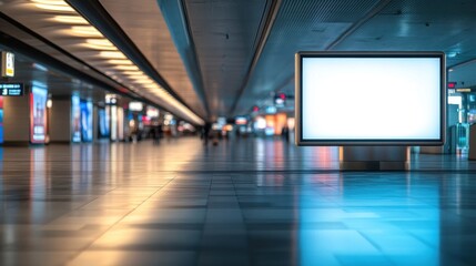 A modern airport terminal featuring a bright advertising display, minimalistic design, and ambient lighting, creating a spacious and inviting atmosphere.