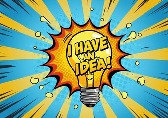Idea concept in pop art style illustration for business presentation, advertising banner and creative project. Light bulb symbol for good innovative brainstorming