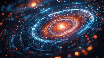 Obraz premium A mesmerizing cosmic swirl of vibrant colors and glowing particles, depicting a dynamic representation of a galaxy or universe.