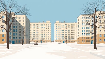 Obraz premium Winter cityscape of beige apartment buildings.